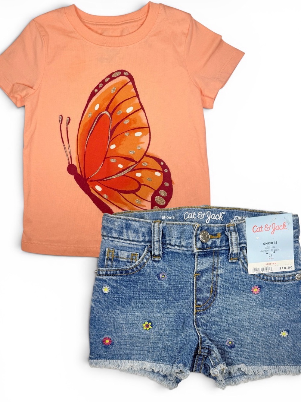 Cat & Jack Butterfly Outfit 2T Toddler Girl Shirt & Denim Shorts Set NEW